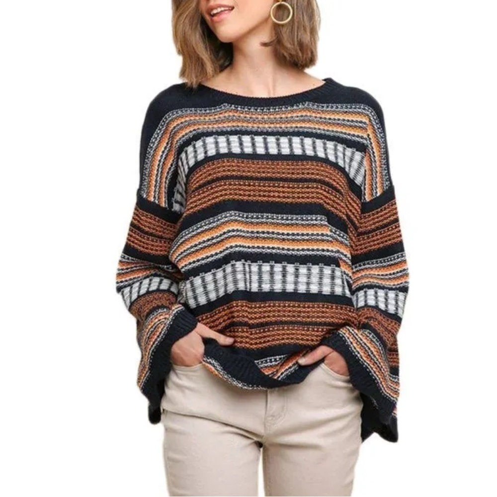 Umgee Multicolor Crochet Boho Pull Over Sweater Bell Sleeve Size S
